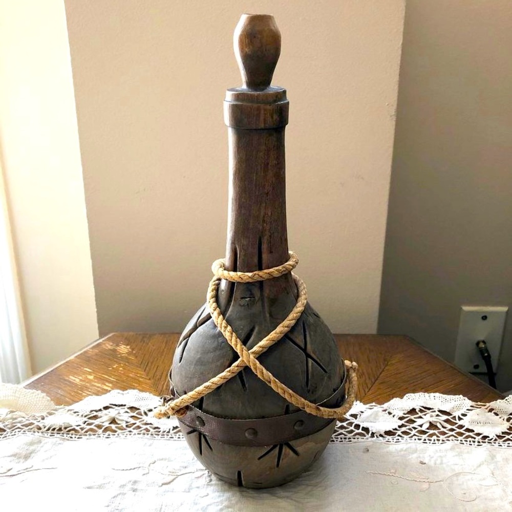 Wooden Bottle - Carved Wooden Bottle - Vintage Decor - Hand-Carved Wooden Bottle